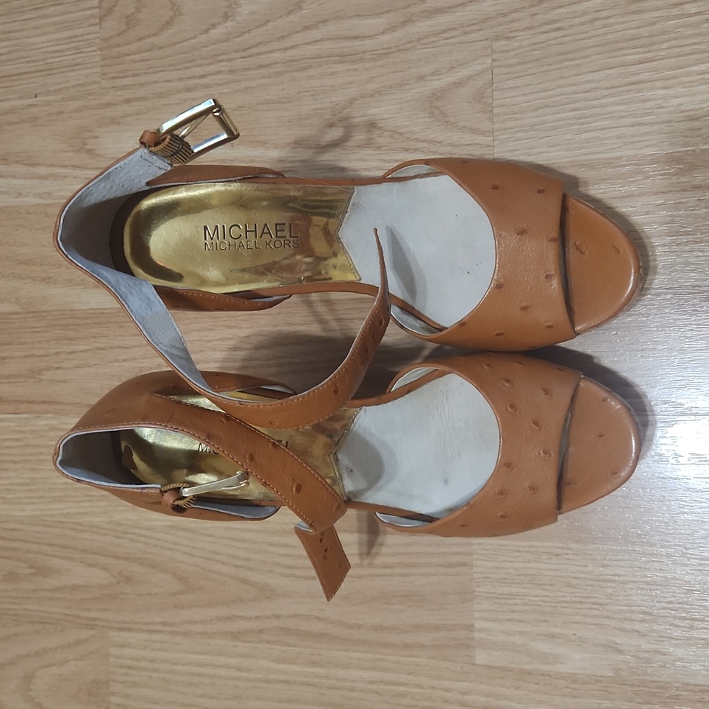 Michael Kors ostrich leather peeptoe wedges